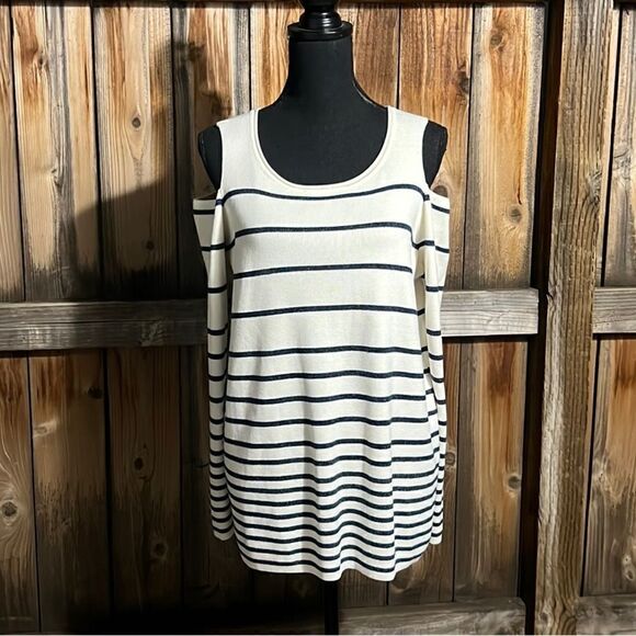 Zenergy by Chico’s sweater cold shoulder striped navy 3/LG FIRM on PRICE - Picture 1 of 5